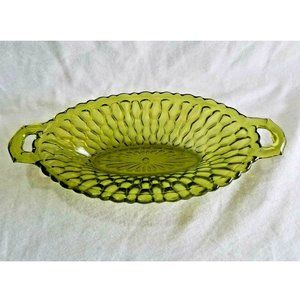 Vintage Dark Green Depression Glass Oval Pickle Dish w/ handles 8.5" long